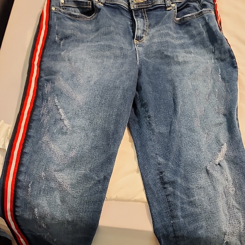 Classic Blue Skinny Jeans with Red Accents